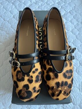 Ann Taylor Leopard-Print Mary Jane Flats with Black Straps